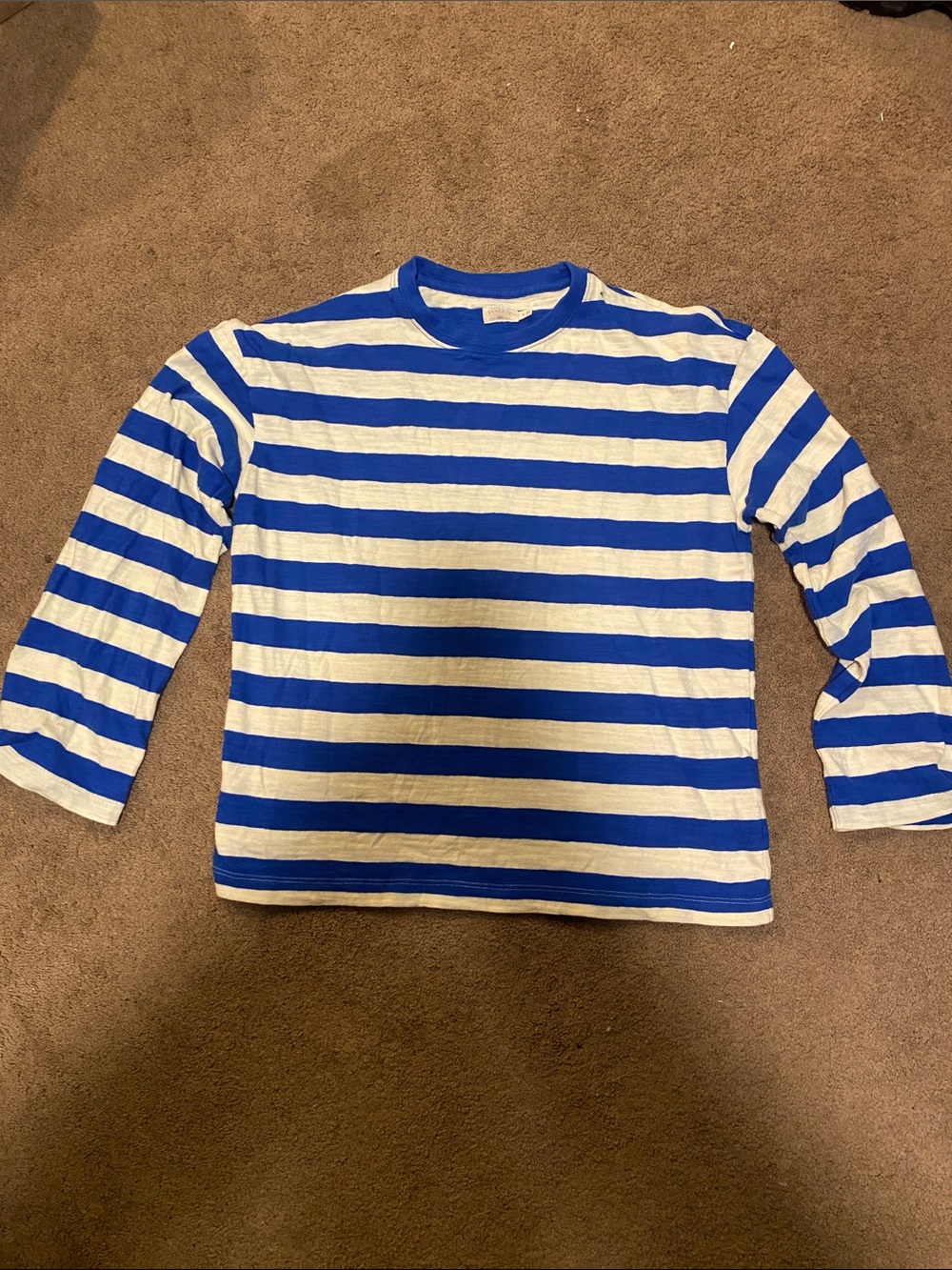 Faherty Blue and White Striped Long-Sleeve Tee 1/4 hole on upper left shoulder